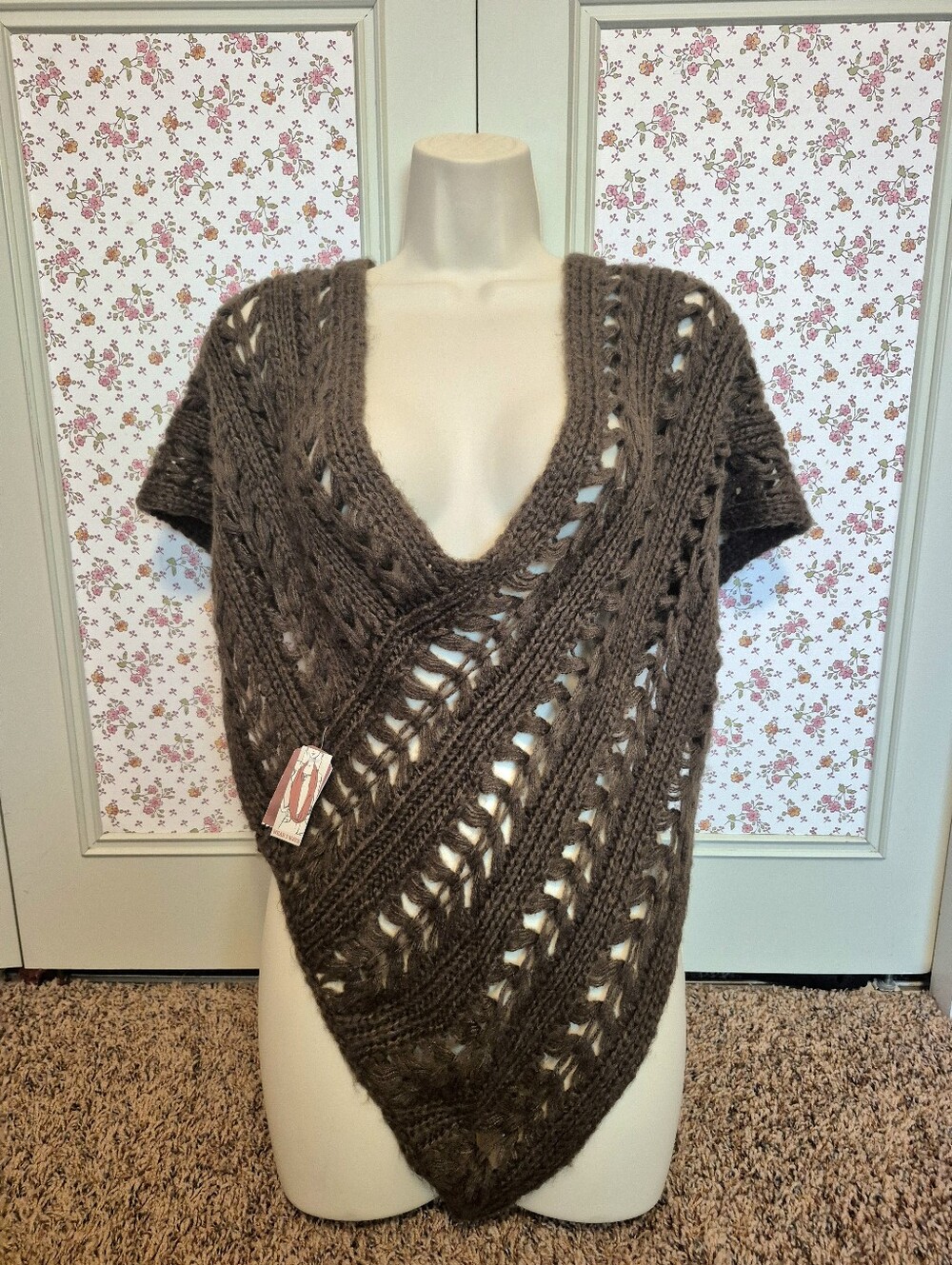 Wear 3-Ways V-Neck Open Knit Poncho /Headwrap/Scarf Sweater - Brown OSFA